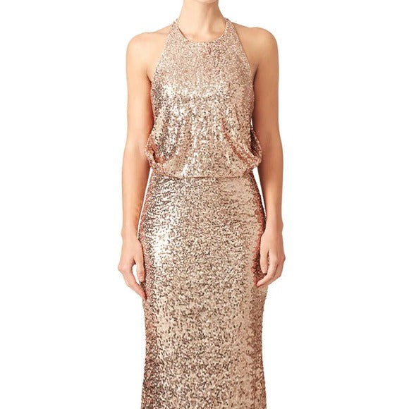 Rose gold sequin 2 piece prom or homecoming gown - Belle Badgley Misch Hippie Hydrangea Boutique & Resale Rose gold sequin 2 piece prom or homecoming gown - Belle Badgley Misch Hippie Hydrangea Boutique & Resale