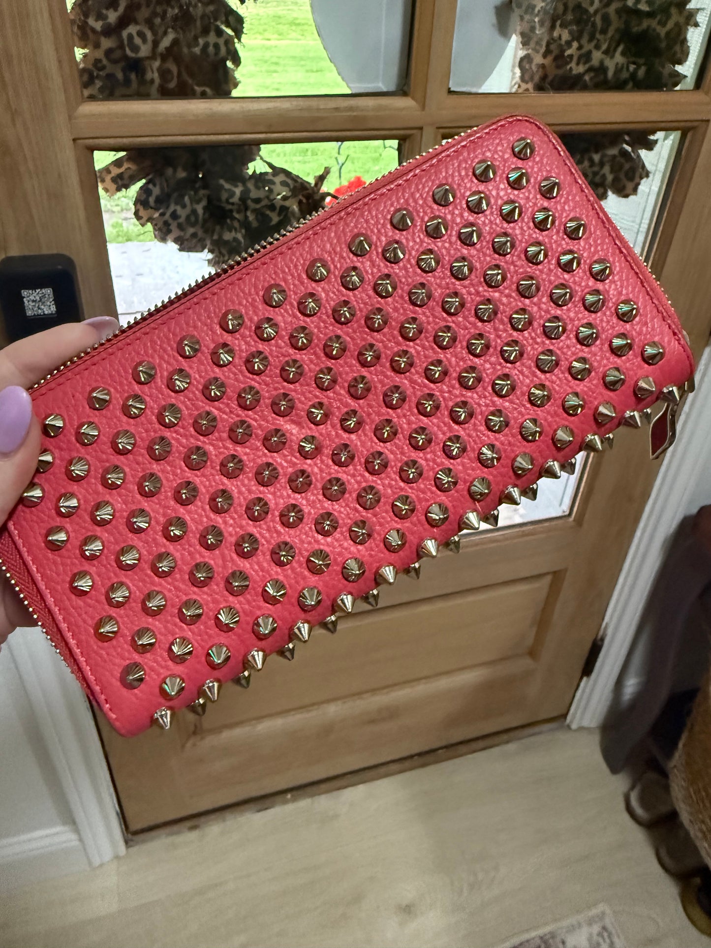 Authentic Christian  Louboutin Calfskin Empire Panettone Spiked Zip Around Wallet