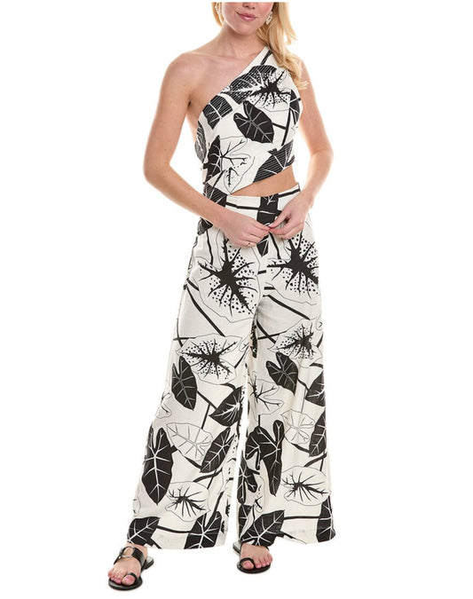 FARM Rio Graphic Leaves Jumpsuit – Off-White, Linen Blend Sz L