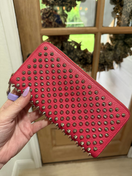 Authentic Christian  Louboutin Calfskin Empire Panettone Spiked Zip Around Wallet