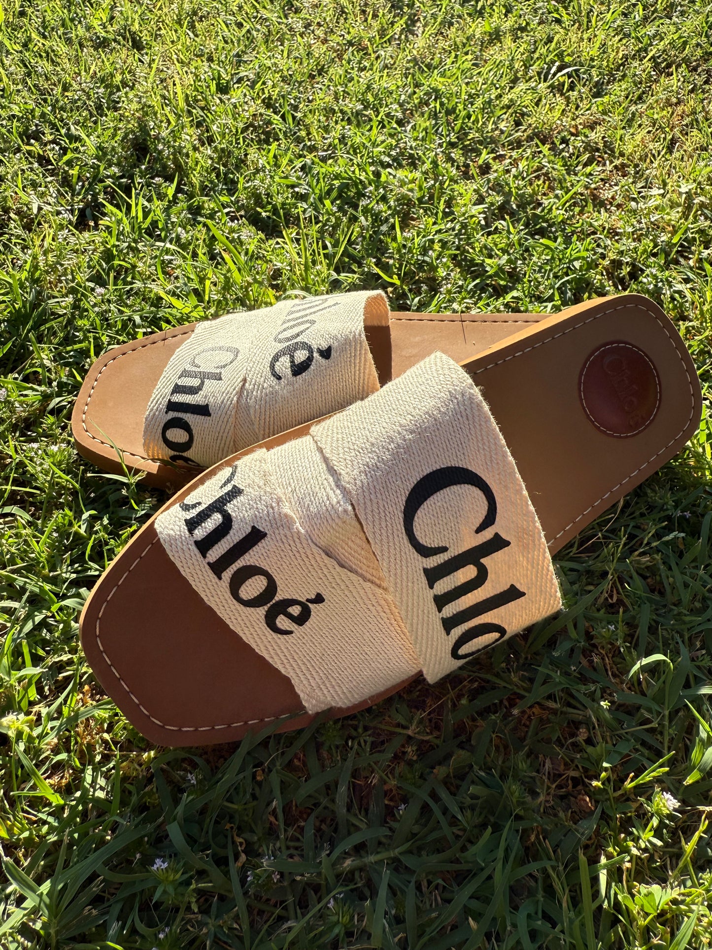 Authentic Chloé Woody Slides – Linen Logo Sandals