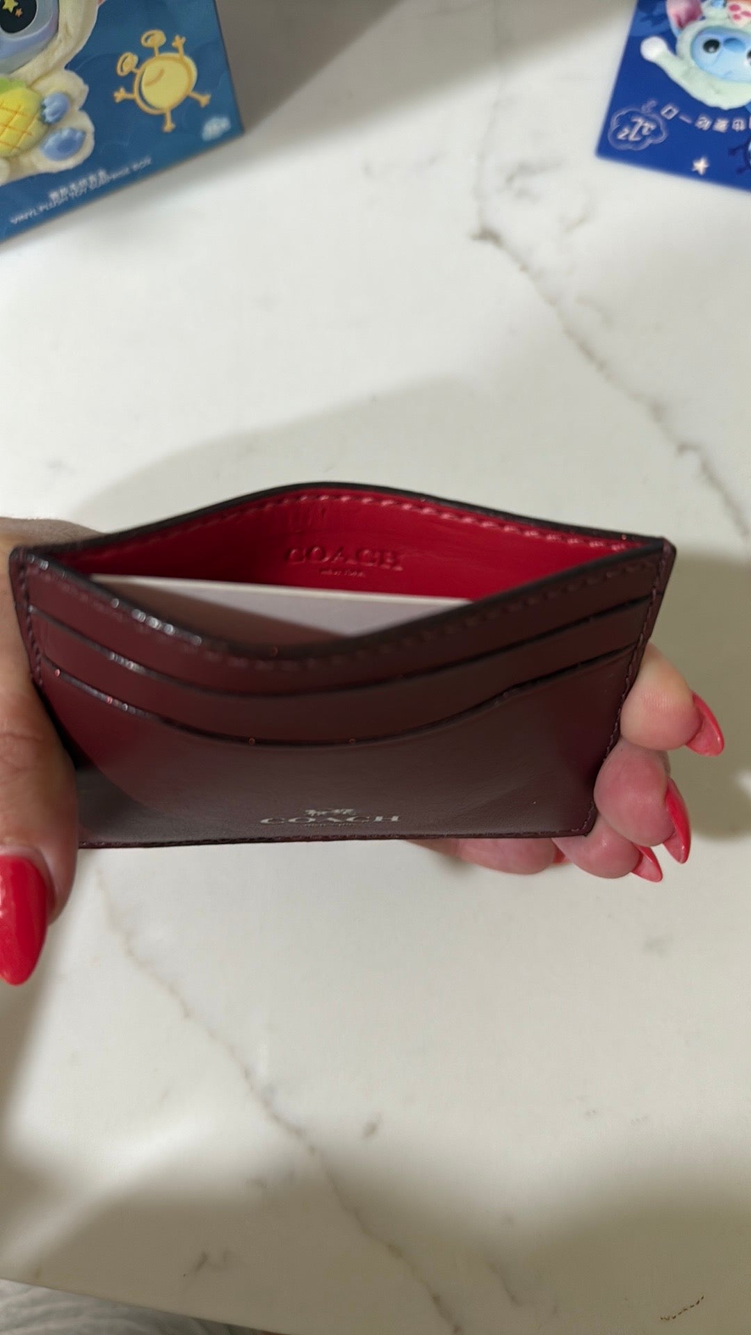 Coach Burgundy Card Holder with Red Lip Detail, Authentic