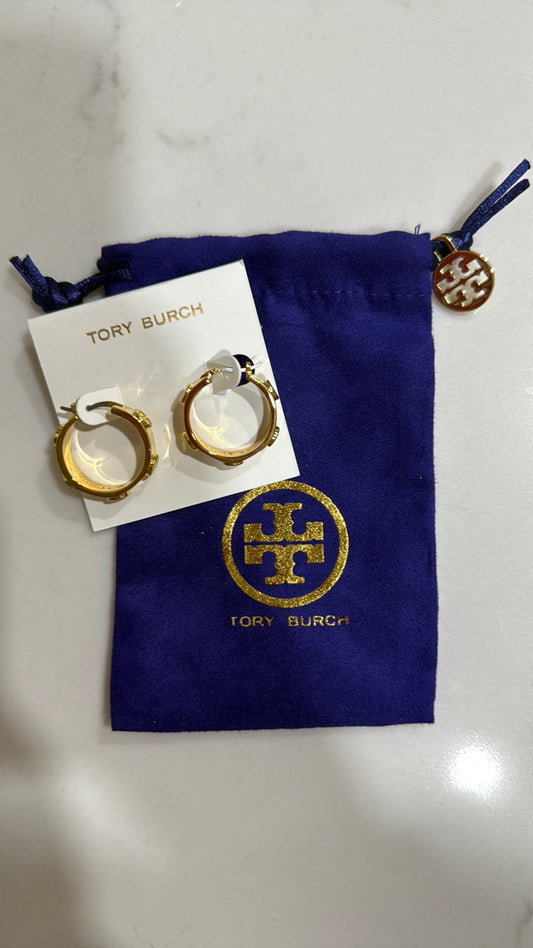Tory Burch Hoop Earrings Logo Gold Plated New