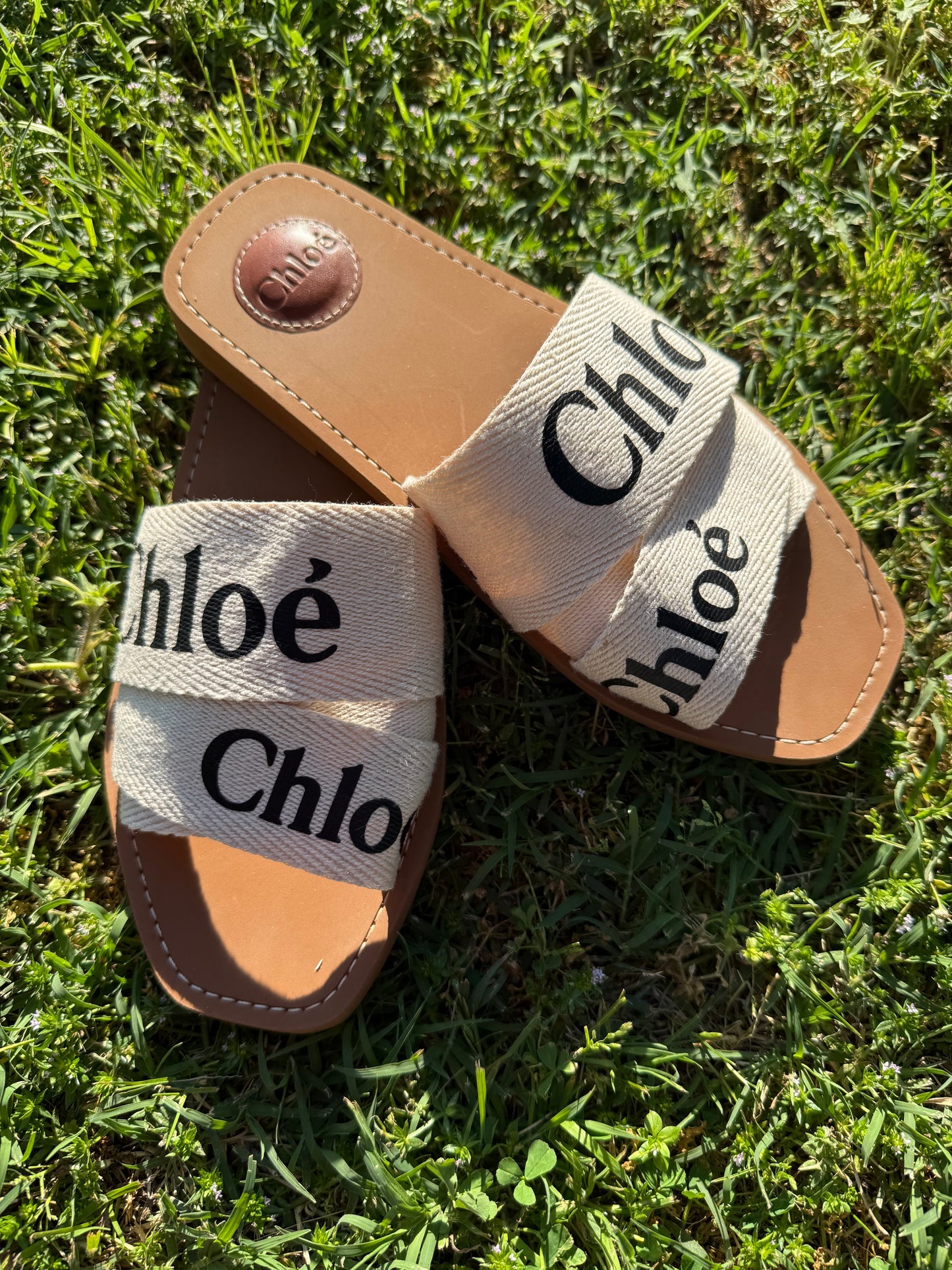 Authentic Chloé Woody Slides – Linen Logo Sandals