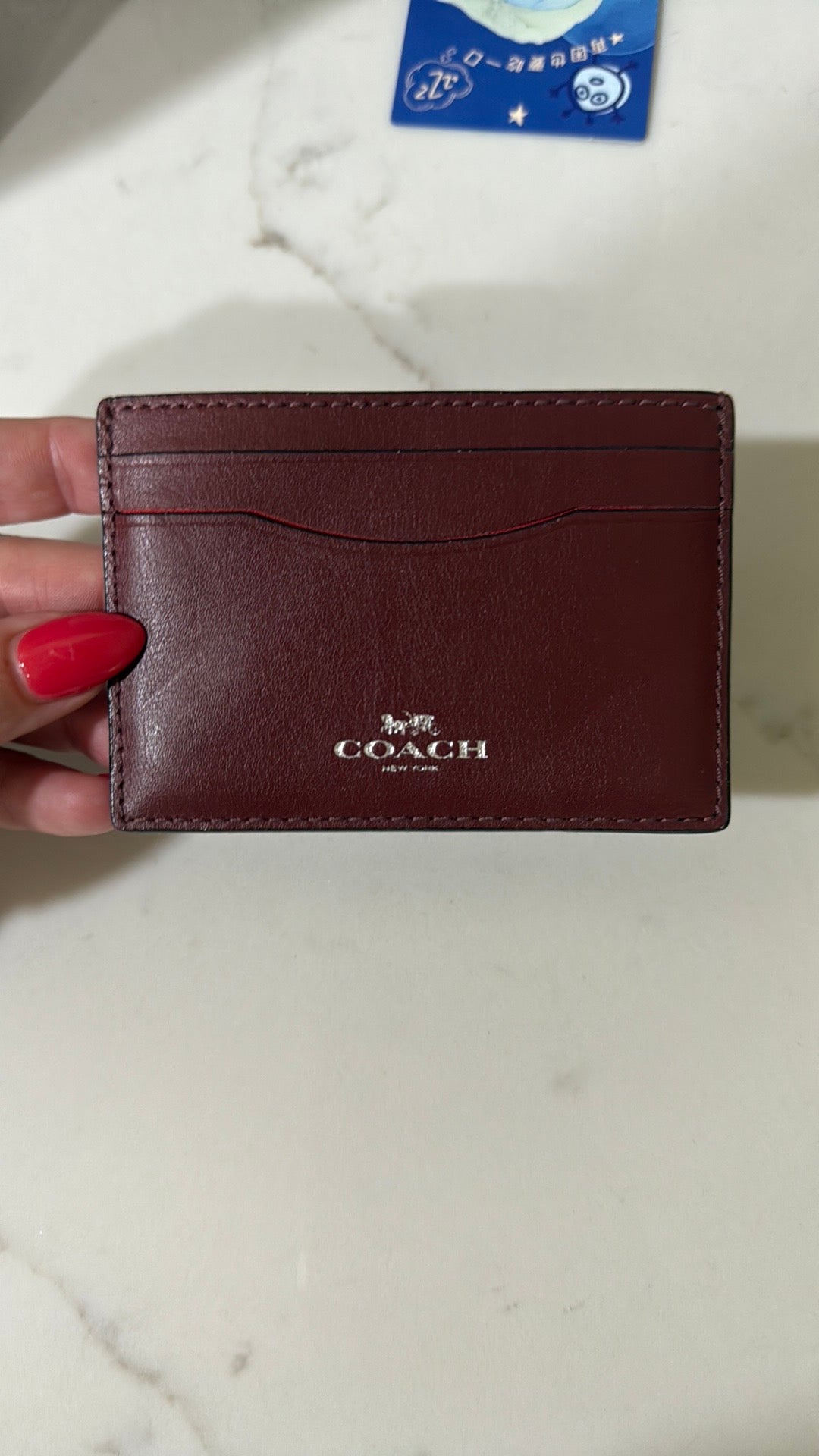 Coach Burgundy Card Holder with Red Lip Detail, Authentic
