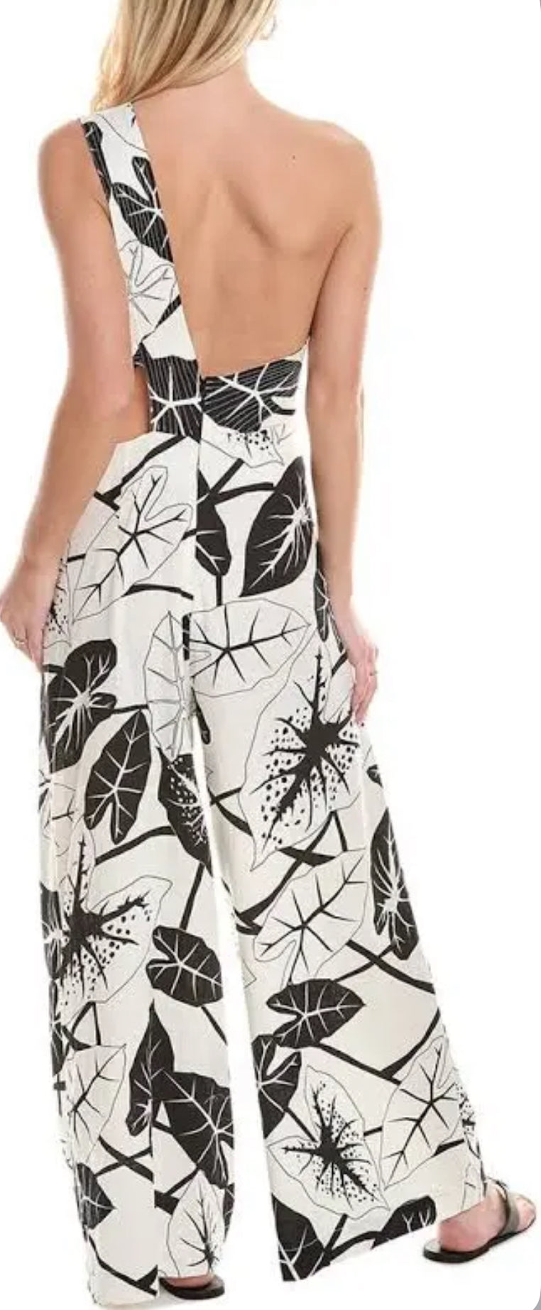 FARM Rio Graphic Leaves Jumpsuit – Off-White, Linen Blend Sz L