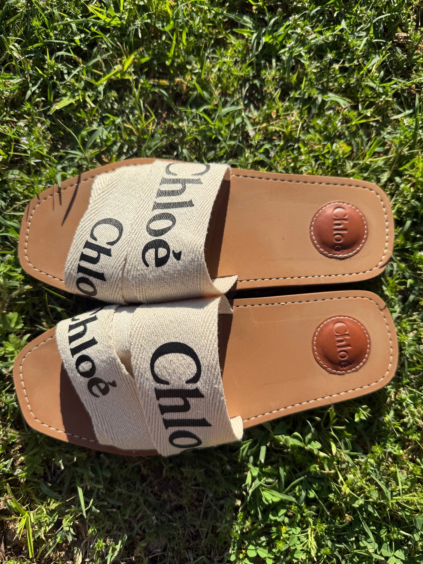Authentic Chloé Woody Slides – Linen Logo Sandals