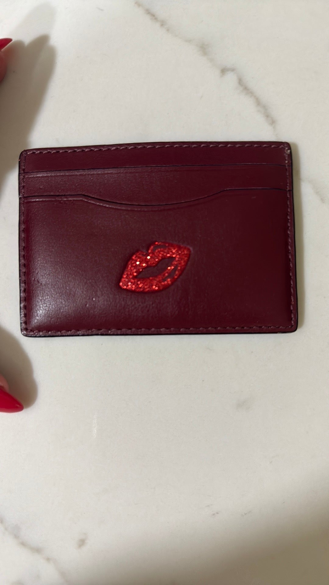 Coach Burgundy Card Holder with Red Lip Detail, Authentic