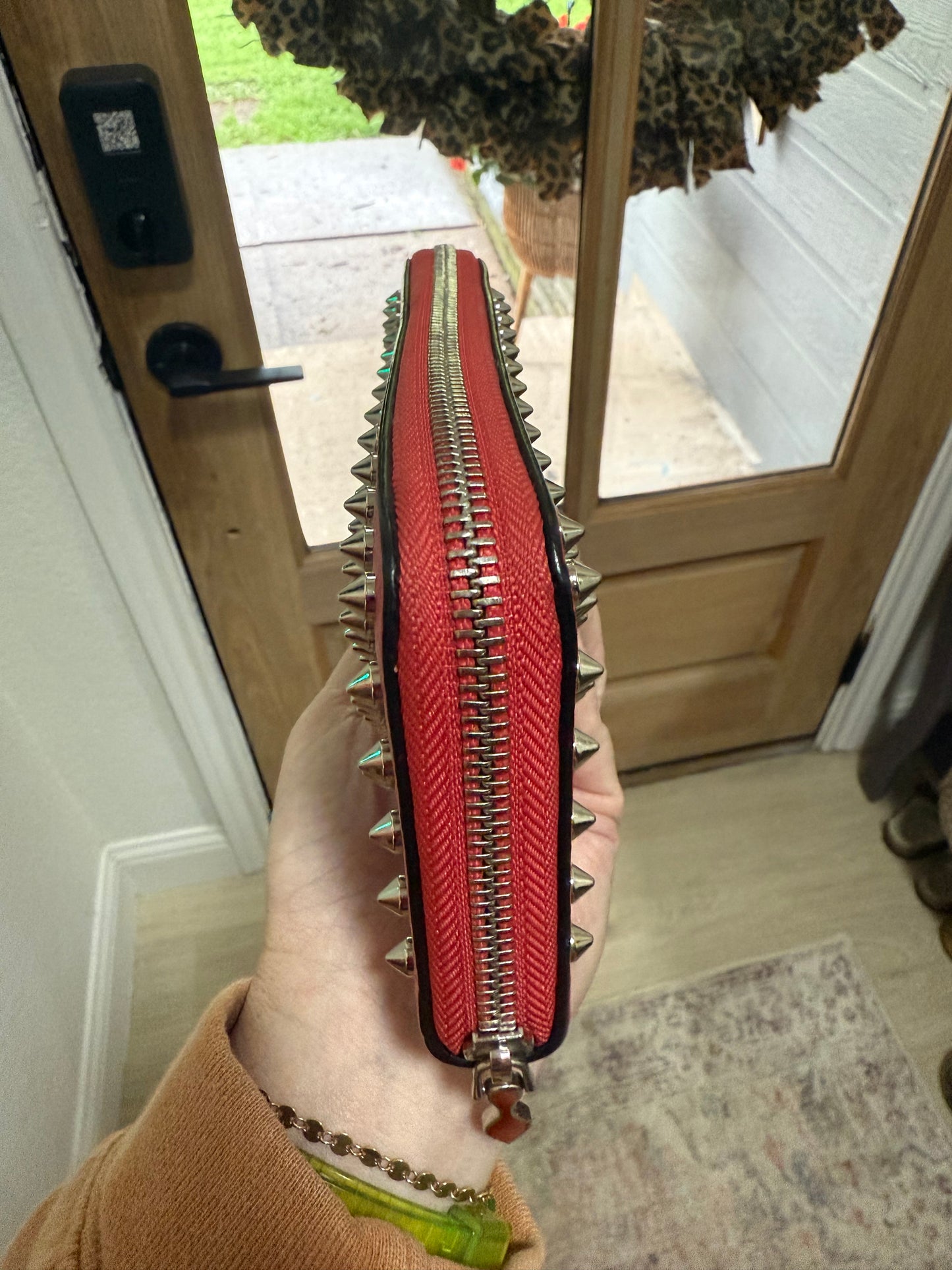 Authentic Christian  Louboutin Calfskin Empire Panettone Spiked Zip Around Wallet