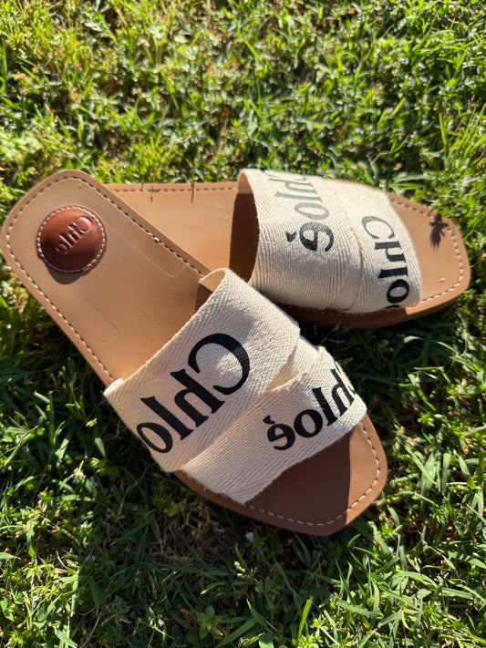 Authentic Chloé Woody Slides – Linen Logo Sandals